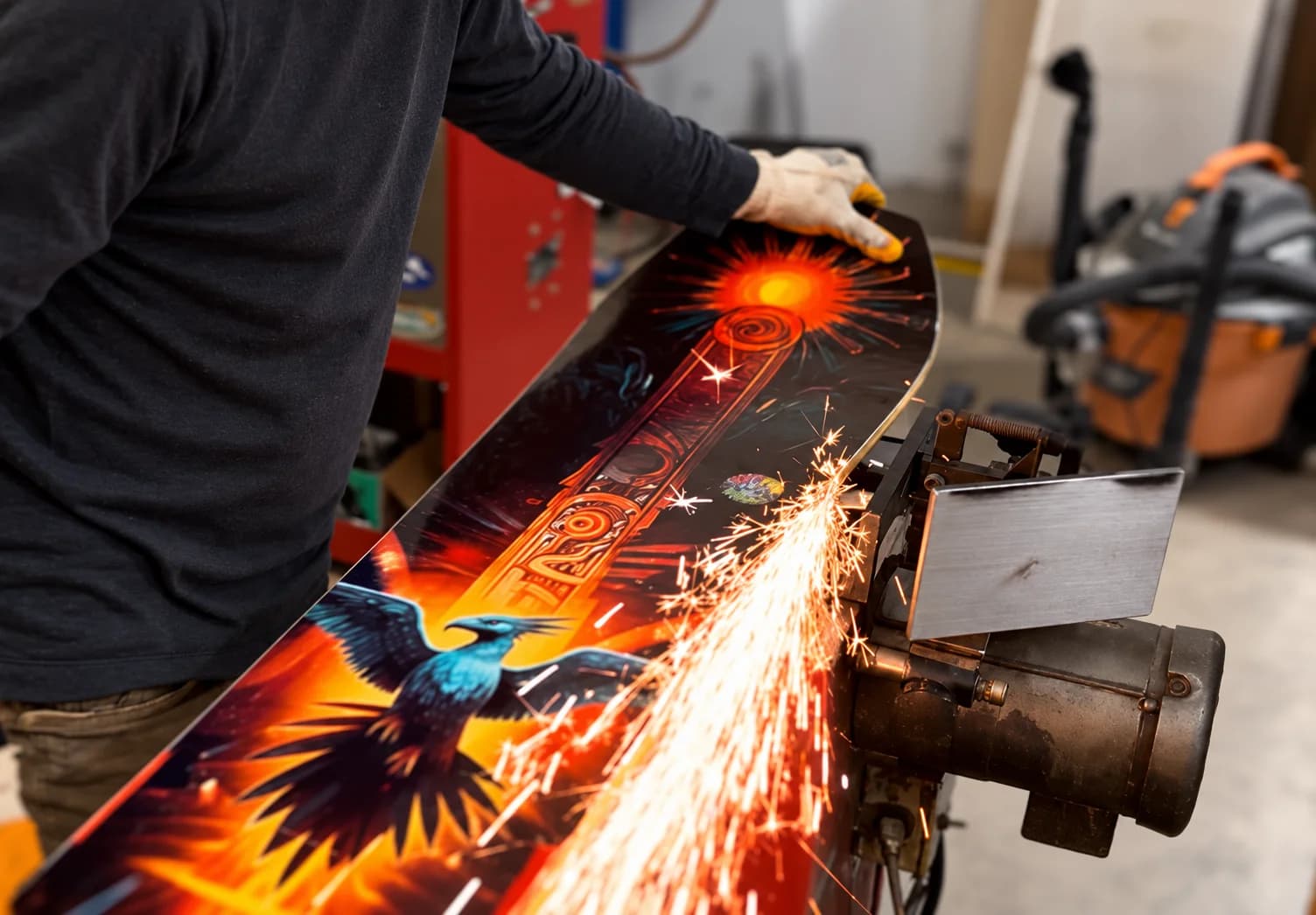 Technician grinding a snowboard edge in the Base Theory Works workshop